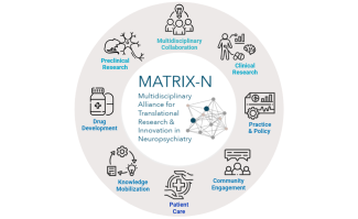 MATRIX-N (Multidisciplinary Alliance for Translational Research and Innovation in Neuropsychiatry) - Wheel with 8 inter-connected sectors/areas of interest with cluster logo in the middle: Multidisciplinary Collaboration, Preclinical Research, Clinical Research, Drug Development, Practice & Policy, Knowledge Mobilization, Community Engagement, Patient Care.